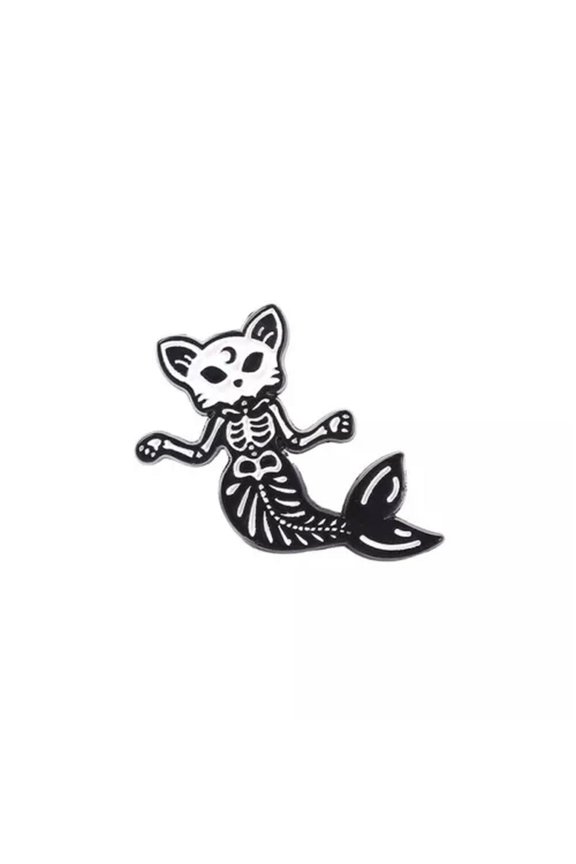 Black White Gothic Animal Cat Brooch Creative Skull Goldfish Fashion Enamel Pin-5