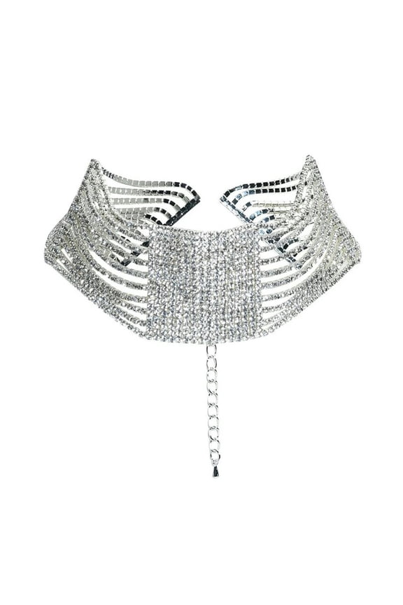 Bling Silver Based Rhinestones Drop Tassel Choker Necklace Women Jewelry-silver