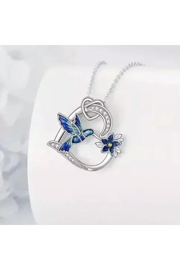 Blue Hummingbird Heart Shape Pendant Necklace