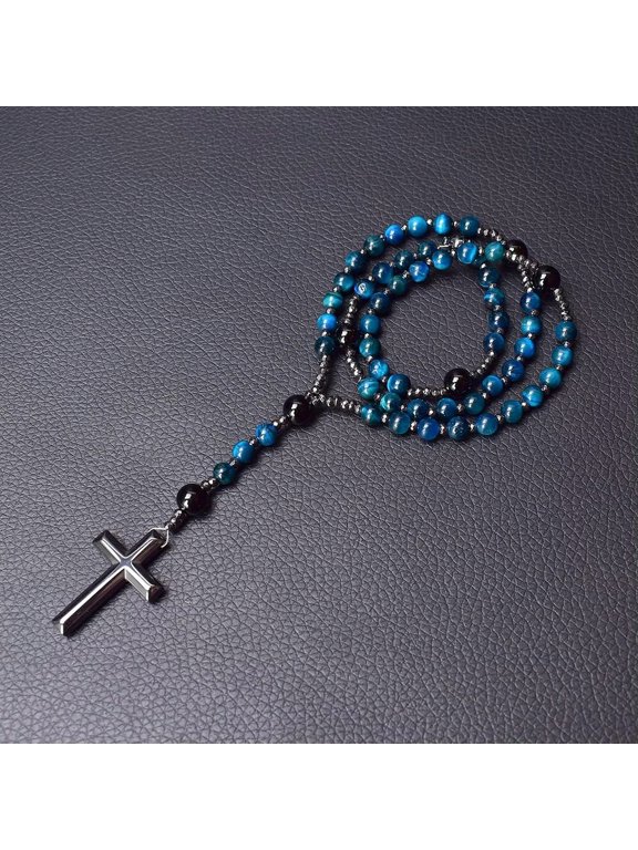 Blue Tiger's Eye Praying Beaded Catholic Christ Hematite Cross Pendant Necklace