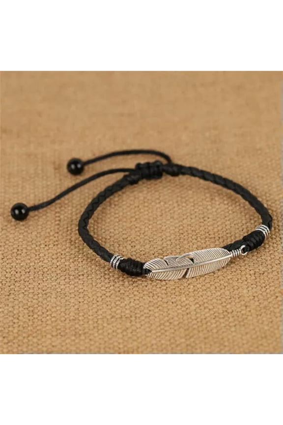 Boho Handmade Man Feather Leather Rope Anklets Barefoot Sandal Beach Jewelry -Black