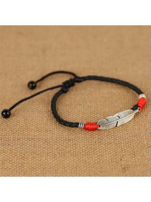 Boho Handmade Man Feather Leather Rope Anklets Barefoot Sandal Beach Jewelry -Red