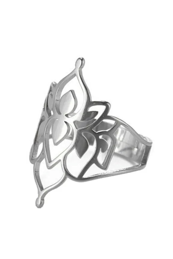 Boho Lotus Flower Ring Womens Silver Stainless Steel Goddess Band Adjustable-8