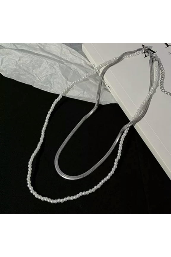 Boho Multi-layer Pearl Chain Pendant Necklace Choker Charm Womens Party Jewelry-Silver Snake Chain Pearl
