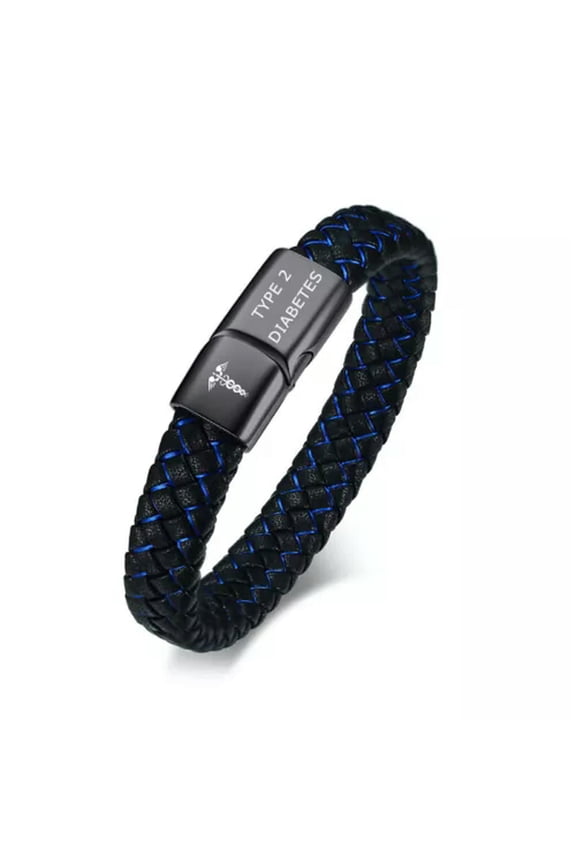 Braided Leather Medical Alert Men Bracelet Surfer Cuff Bangle TYPE 1 2 DIABETES-TYPE 2 DIABETES