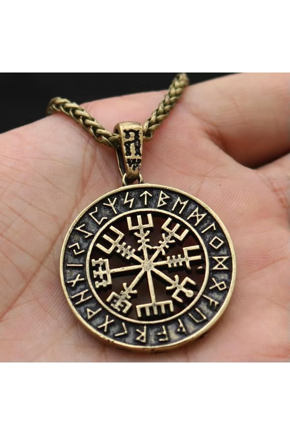 Bronze Norse Viking Rune Vegvisir Compass Pendant Protection Necklace Chain 24"