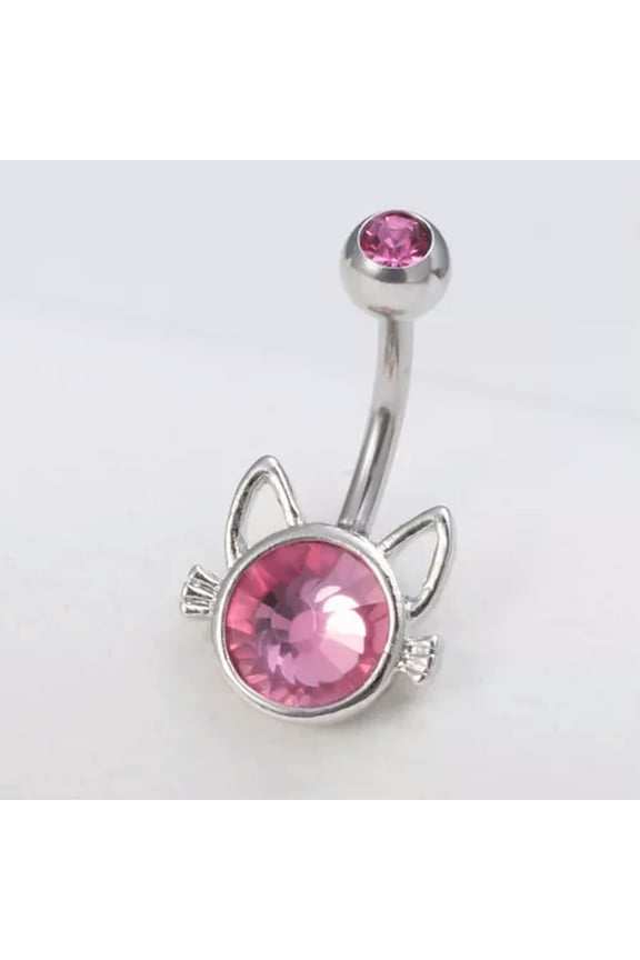 Cartoon Cat Pink Diamond Belly Button Ring Stainless Stee Piercing Navel Ring-Silvery