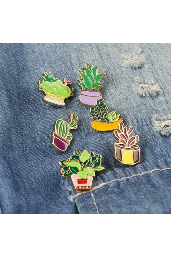 Cartoon Enamel Piercing Brooch Pin Collar Decor Badge Corsage Jewelry Women Gift-6Pcs Cactus