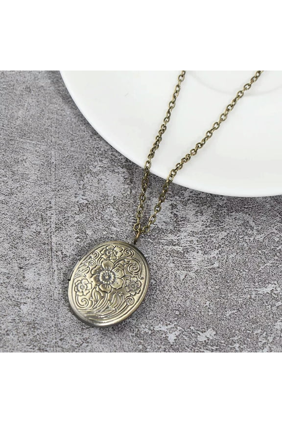 Carved Flower Stripe Locket Pendant Necklace Vintage Brass Opening Photo Box_tu