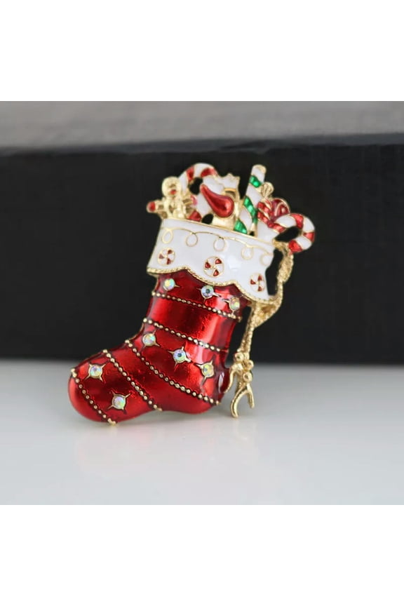 Christmas Gift Enamel Glaze Sock Brooch Holiday Cute Rhinestones Encrusted Pin
