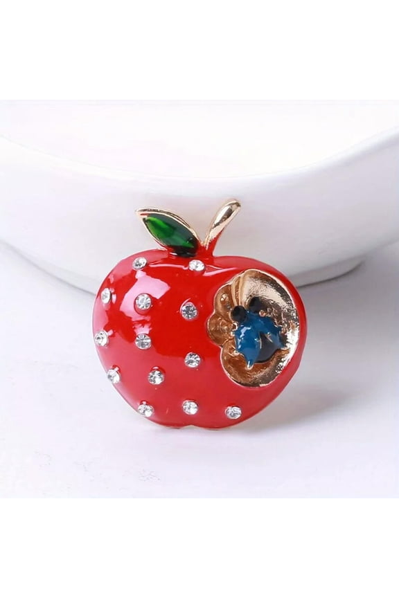 Christmas worm in apple brooch, red fruit rhinestone-inlaid alloy pin