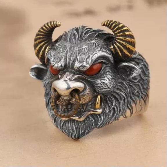 MATROOY Classic Mens Personality Domineering Bull Head Ring Fashion Trend Magic Ring-red