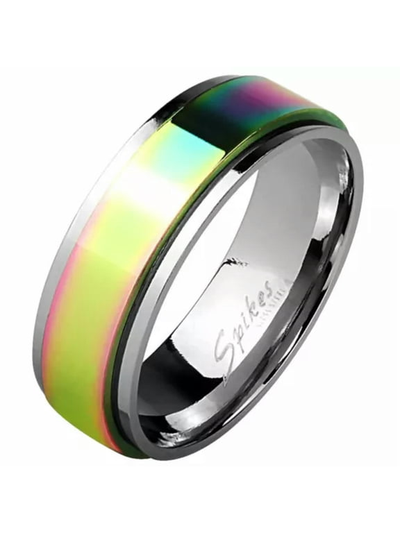 Classic Rainbow Spinner Ring 8mm Mens Stainless Steel Fidget Band Sizes 9-13-13