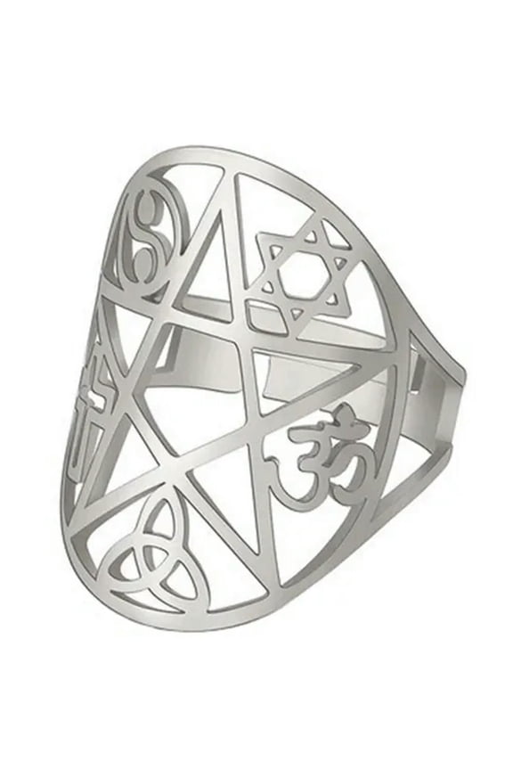 Coexist Ring Silver Stainless Steel Adjustable Boho Peace of Religions Band-7