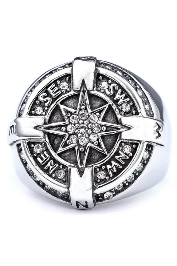 Compass Crystal Zircons Ring Retro Punk Biker Pirate Compass Polaris Star Ring-8-Silver