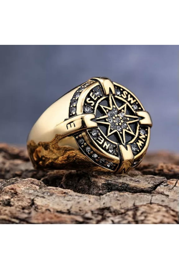 Compass Crystal Zircons Ring Retro Punk Biker Pirate Compass Polaris Star Ring-9-Gold
