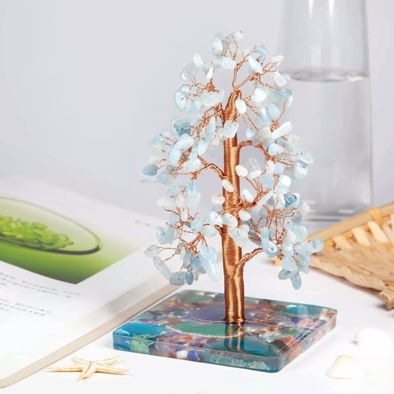 MATROOY Copper Wire Tree Aquamarine Crystals Gemstones Beads Pyramid Base Home Decor