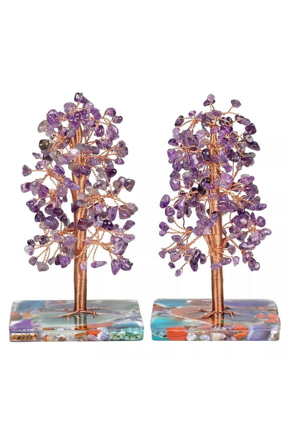 Copper Wire Tree Natural Amethyst Crystals Gemstones Beads Rainbow Agate Base