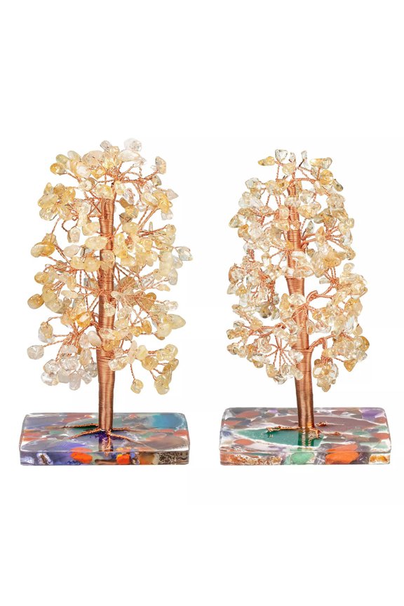 Copper Wire Tree Natural Yellow Crystals Gemstones Beads Rainbow Agate Base