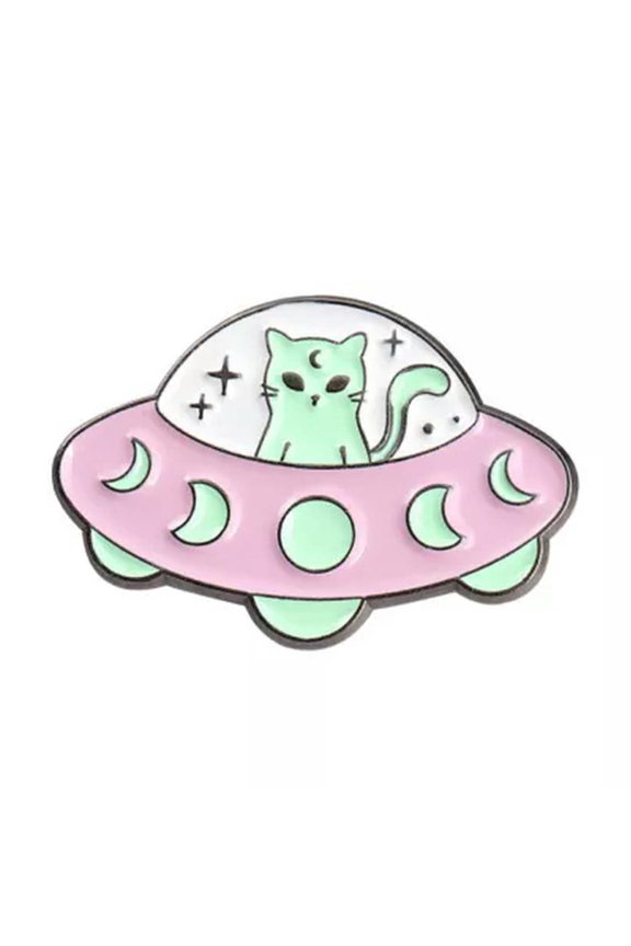 Creative Cartoon Spaceship Brooch Funny Alien Cat Backpack Enamel Pin Badge Gift-5
