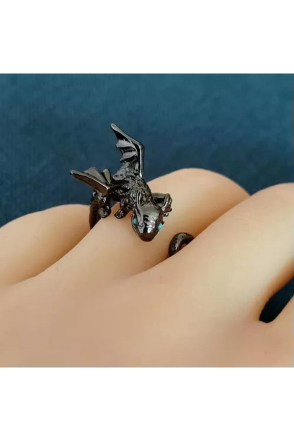 Creative Funny Black Flying Dragon Rings For Women Man Adjustable Animal Rings-Black-