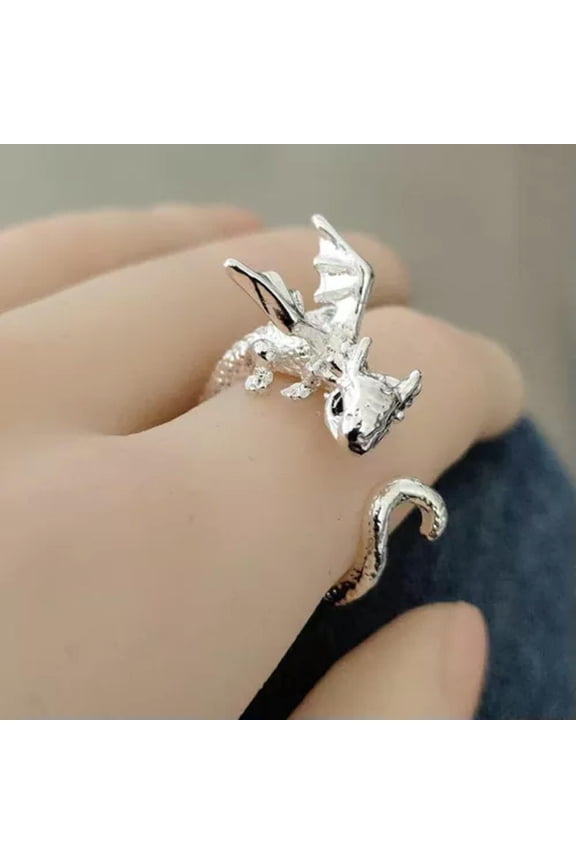 Creative Funny Black Flying Dragon Rings For Women Man Adjustable Animal Rings-Silver-