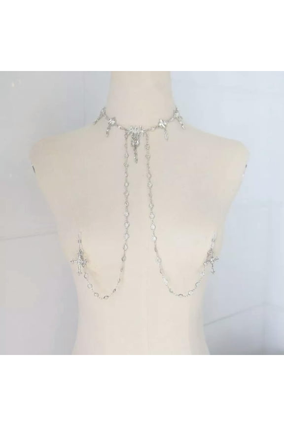 Cross Crystal Chest Bra Chain Women Sexy Body Decoration Lingerie Nipple Jewelry