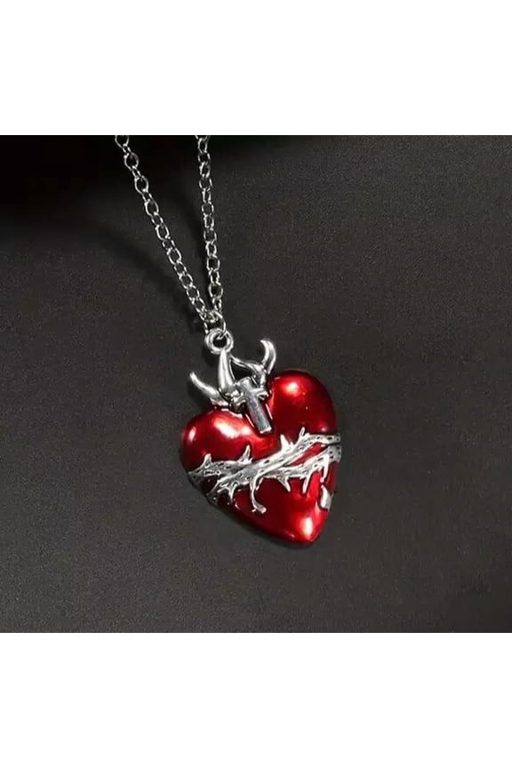 Cross Thorns Red Heart Gothic Dark Style Necklace