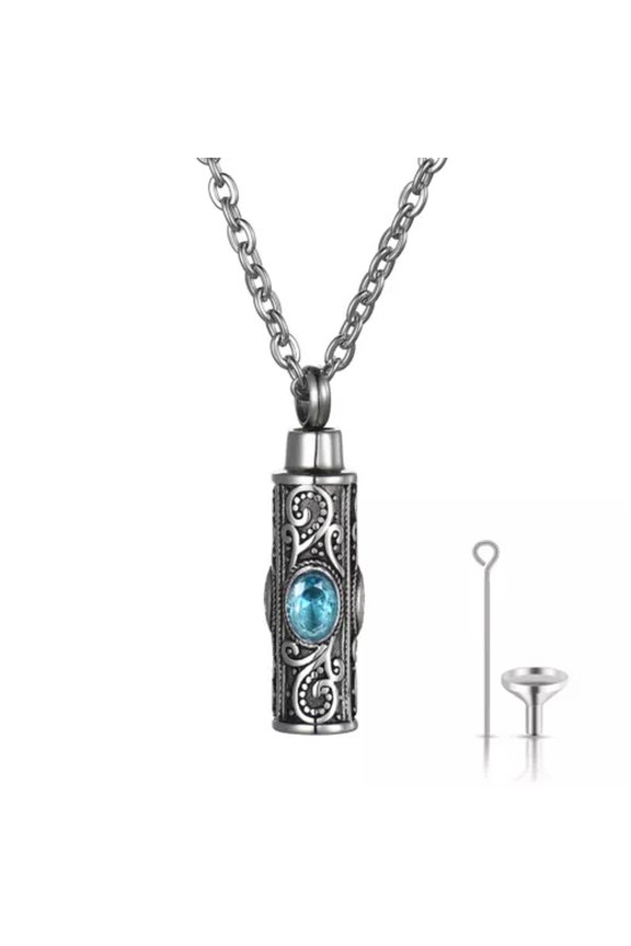 Crystal Birthstone Embossed Cylinder Urn Necklace For Ashes Cremation -December