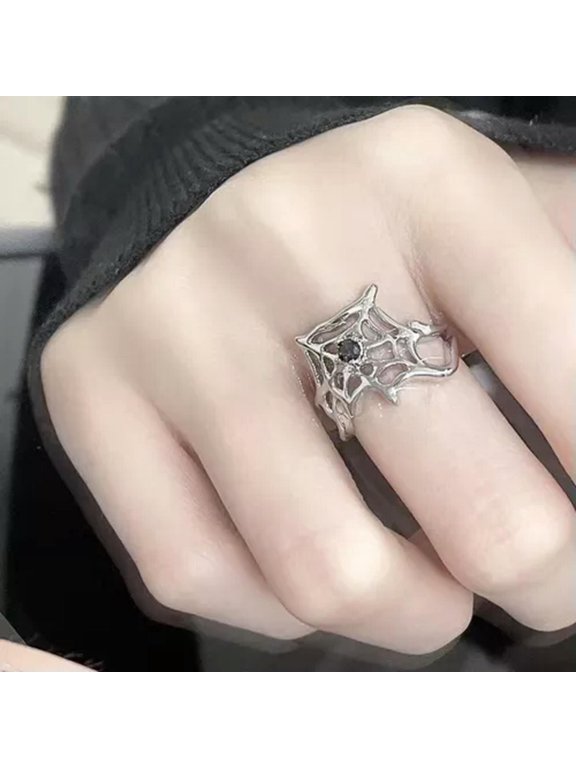 Crystal Black Spider Open Ring Black Crystal Dark Animal Rings Fashion Jewelry-Spider Web