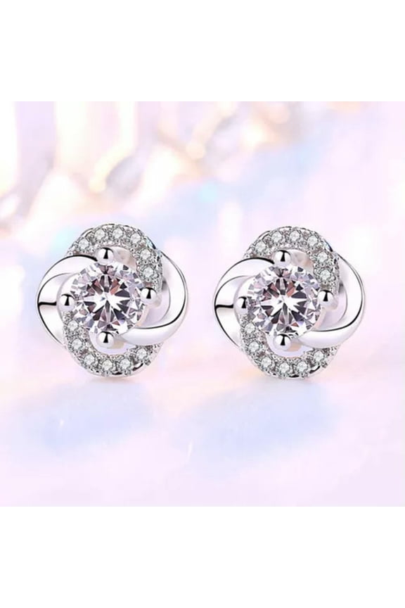 Crystal Clover Stud 925 Silver Stud Earrings Womens Flower Earrings-white