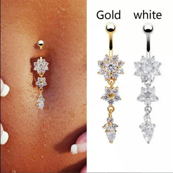 MATROOY Crystal Flower Dangle Navel Belly Button Ring Bar Body Piercing Jewelry B-Gold