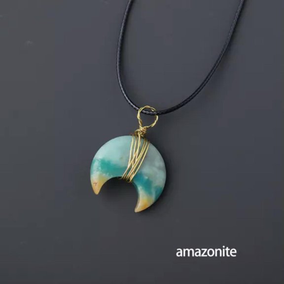 MATROOY Crystal Pendant Gemstone Moon Natural Quartz Wire Wrap Healing Chakra Necklace-Amazonite