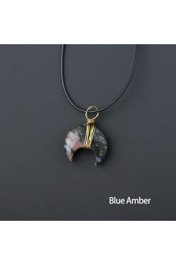 Crystal Pendant Gemstone Moon Natural Quartz Wire Wrap Healing Chakra Necklace-Blue Amber
