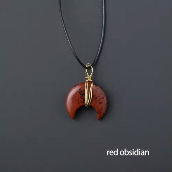 MATROOY Crystal Pendant Gemstone Moon Natural Quartz Wire Wrap Healing Chakra Necklace-Red Obsidian