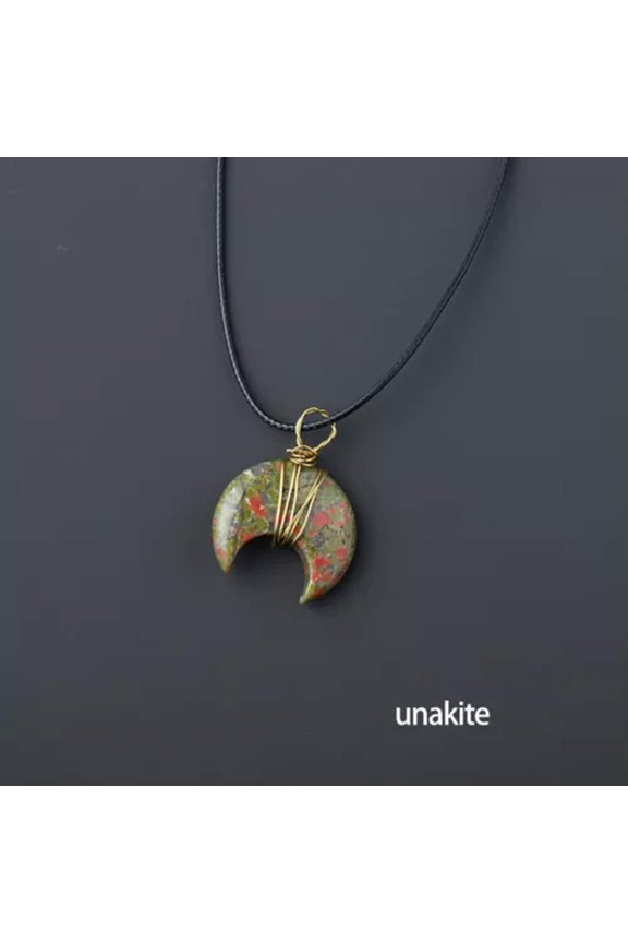 Crystal Pendant Gemstone Moon Natural Quartz Wire Wrap Healing Chakra Necklace-Unakite