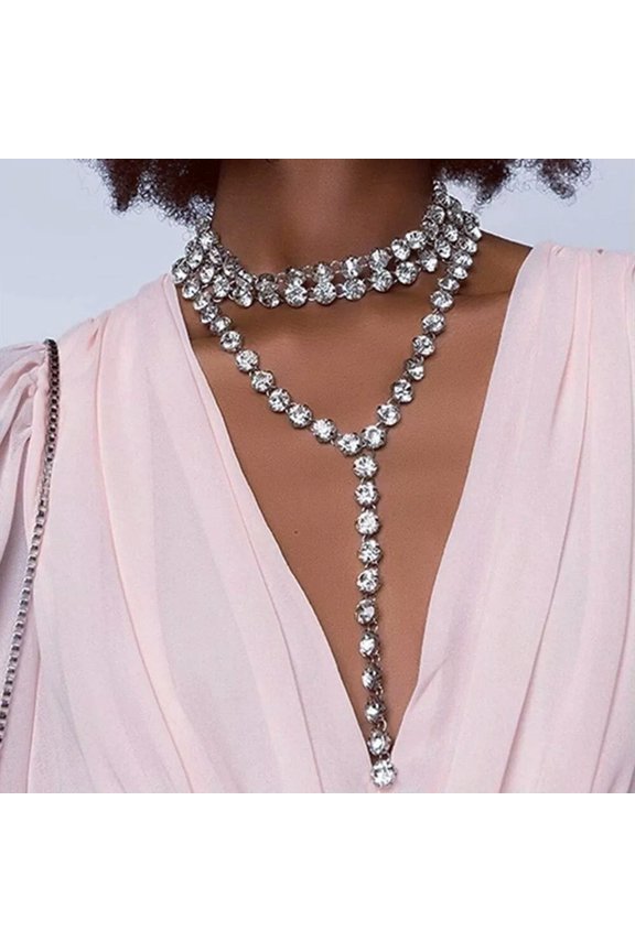 Crystal Tassel Chain Necklace Multi-layer Long Choker Luxury Rhinestone Collar
