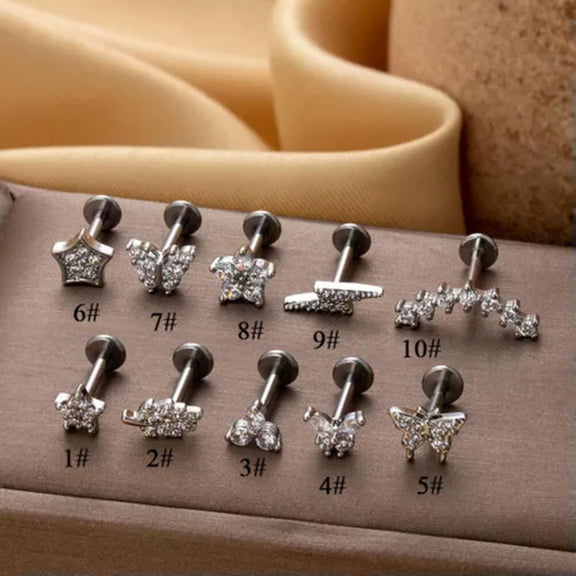 MATROOY Crystal Tragus Helix Cartilage BAR Screw In Earring Flat Back Labret Monroe•-silver-10#