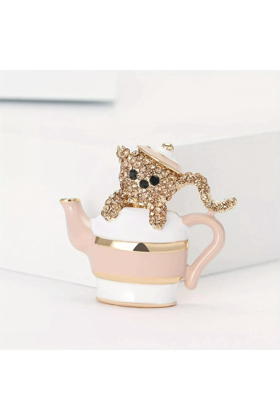 Cute Cartoon Pin Enamel Rhinestone Cup Bear Brooch