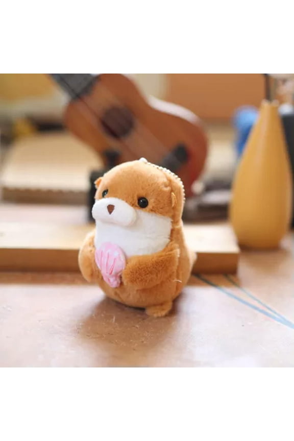 Cute Fluffy Soft Plush Otters Holding Fish Pendant Keychain Backpack Bag Doll-Coffee
