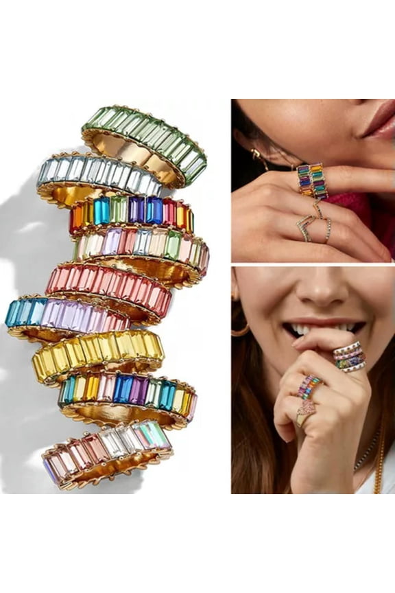 Dainty Rainbow Ring MultiColor Crystal Square Baguette Finger Women Female Band•-holder-2.5*5cm