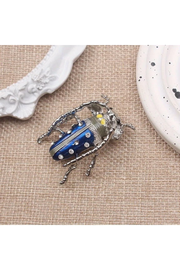 Dark Blue Insect Brooch with Rhinestones Beetle Skylark Pin For Cool Man