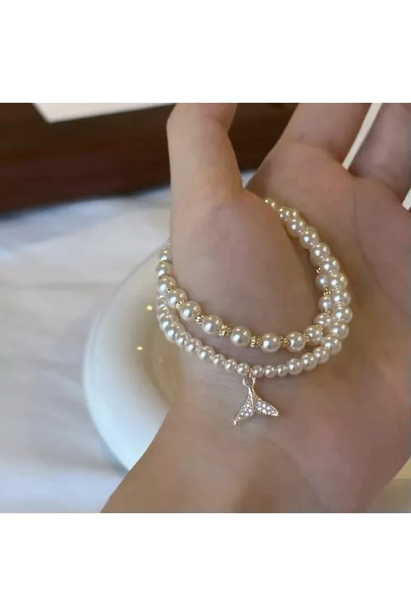 Double Chain Imitation Pearls Wristband Bracelet Fishtail Pendant Charm Jewelry-fishtail