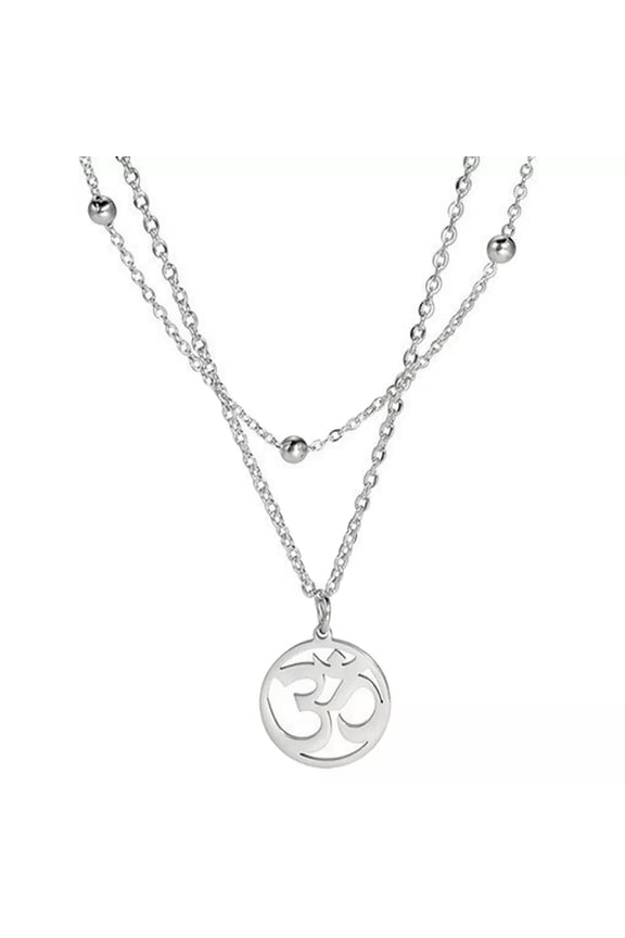 Double Chain Om Necklace Silver Stainless Steel Boho Layered Wrap Aum Pendant