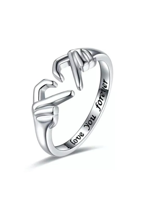 Double Hand Heart Couple Rings Love Heart Adjustable Friendship Promise Jewe-Silver-