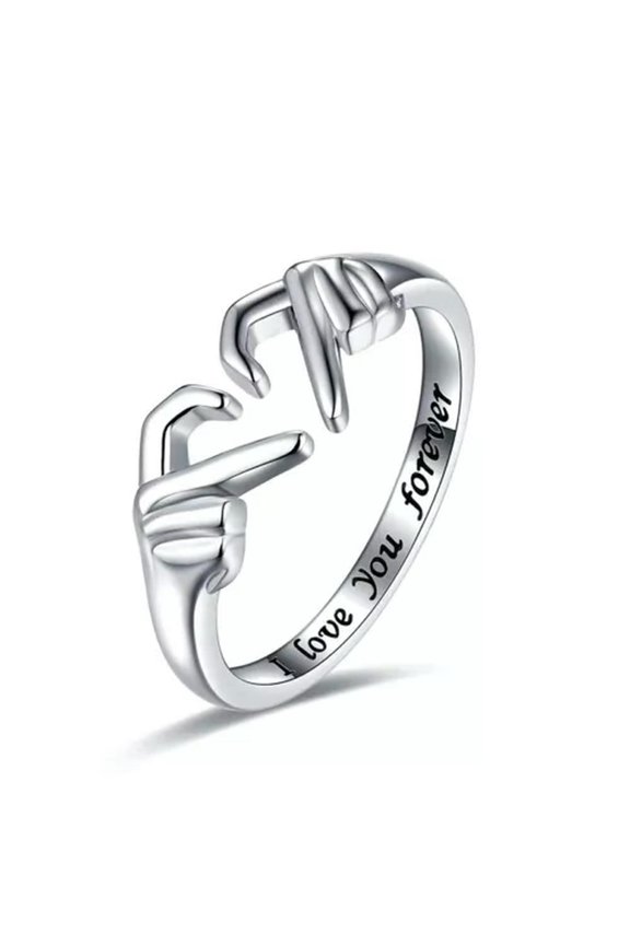 Double Hand Heart Couple Rings Love Heart Adjustable Friendship Promise Jewe-Silver-