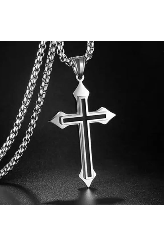 Double Layer Crucifix Cross Pendant Necklace Stainless Steel Chain Mens Womens-28
