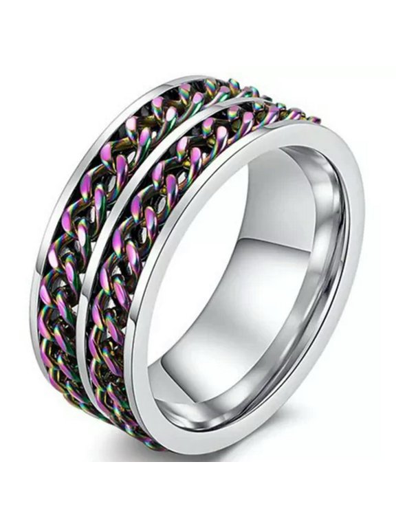 Double Rainbow Chain Spinner Ring Stainless Steel Anti-Anxiety Fidget Band-13