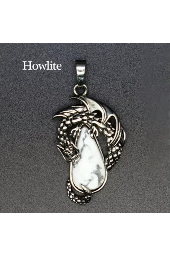 Dragon Wrapped Natural Gemstone Wyvern Wivern Pendant Magic Reiki Healing Amulet-Howlite