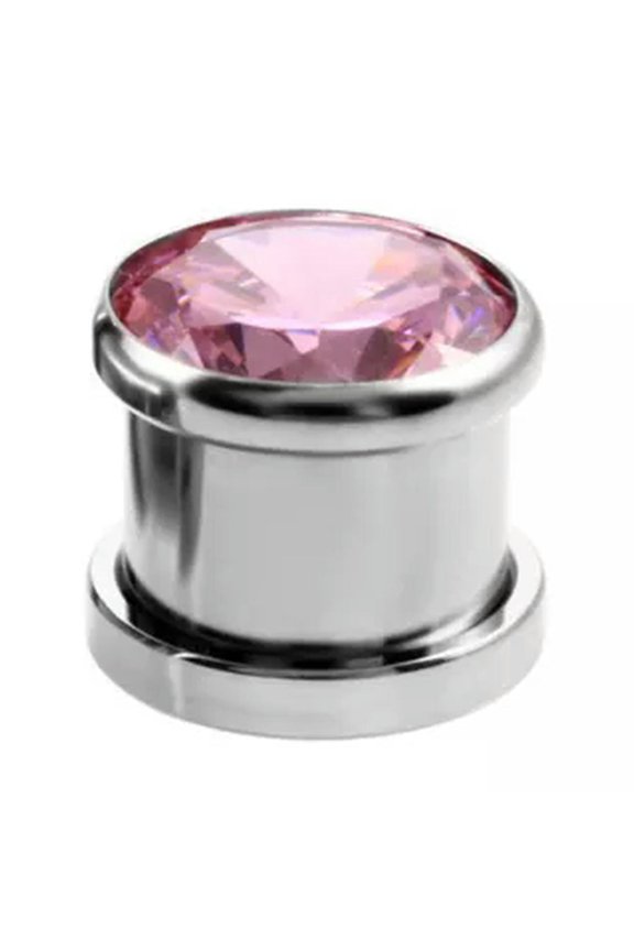 Ear Plug Zircon Crystal Gem Metal Flesh Tunnel SCREW ON Ear Piercing 10mm /-pink-4mm